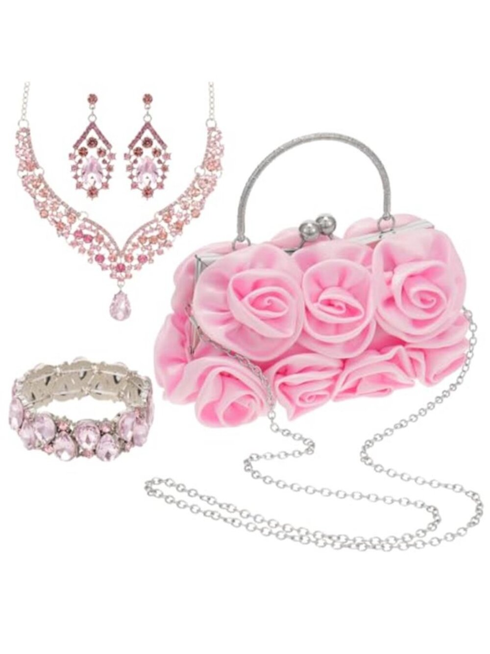 Rose Wedding Jewelry Set 4 Piece for Bride with Clutch Purse, Rhinestone